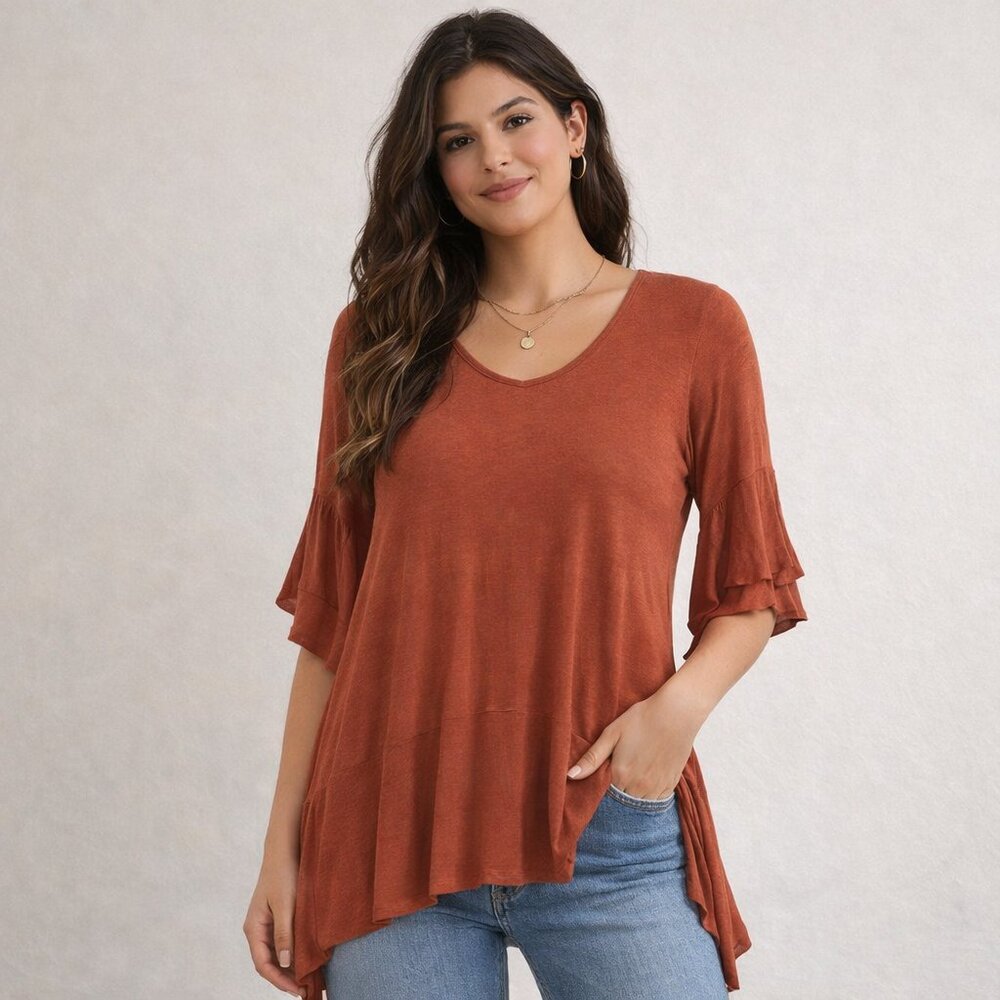 Mithra Rust Butterfly Sleeve Tunic Top Medium High Low Hem NWOT